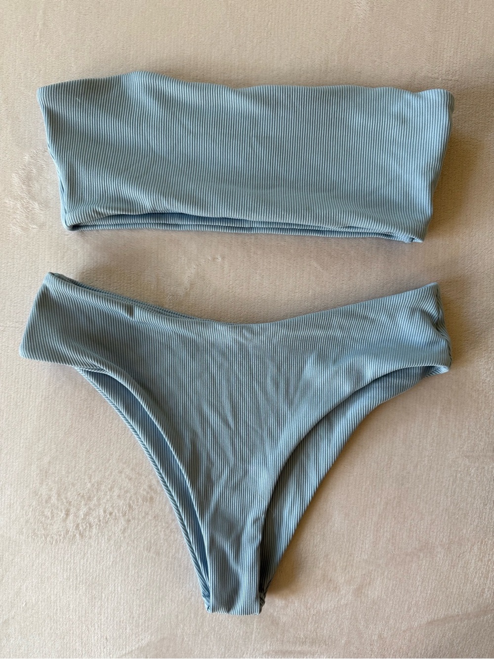 Zaful Light Blue Ribbed Bandeau Bikini Top